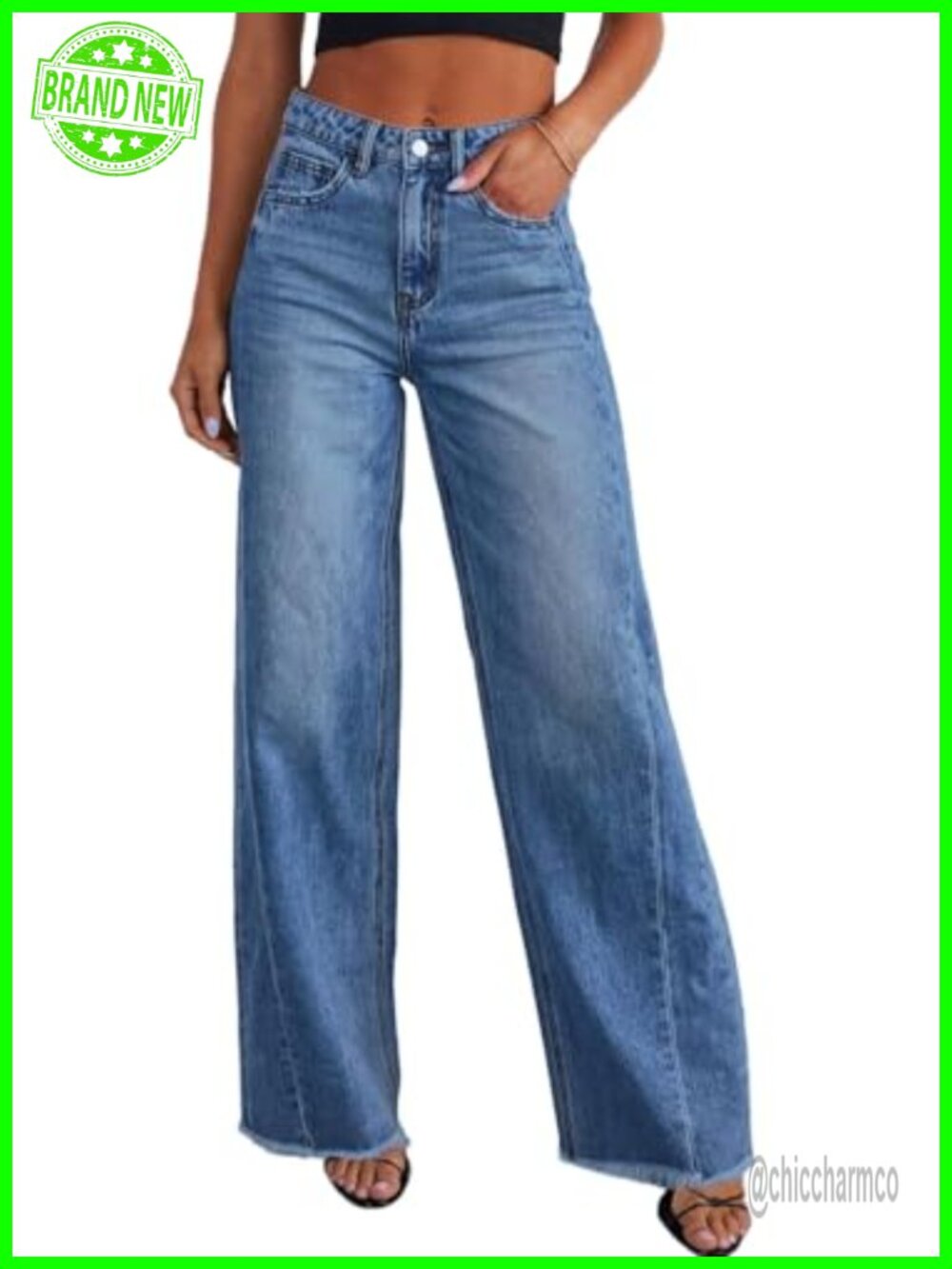 Wide Leg High Waisted Stretchy Denim Jeans Raw Hem Loose Fit